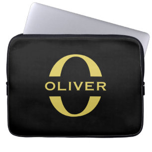 Monogram And Name Black And Gold Personalized Laptop Sleeve