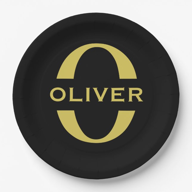 Monogram And Name Black And Gold Personalized Paper Plate (Front)