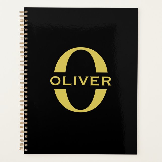 Monogram And Name Black And Gold Personalized Planner (Front)