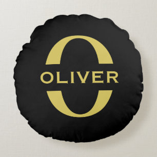 Monogram And Name Black And Gold Personalized Round Pillow