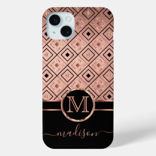 Monogram and Name Rose Gold Diamond Pattern  iPhone 15 Mini Case