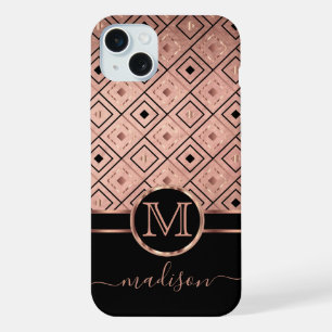 Monogram and Name Rose Gold Diamond Pattern iPhone 15 Plus Case
