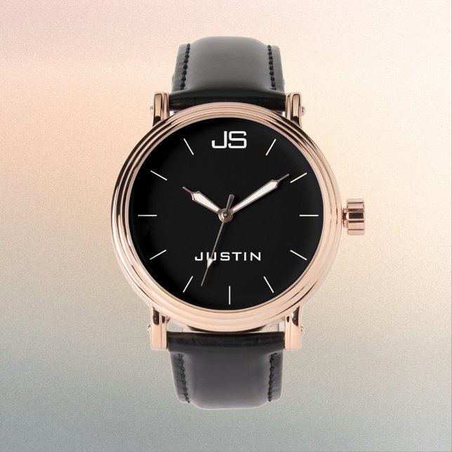 Monogram and Name Rose Gold Men's Black Band Wrist Watch (Creator Uploaded)