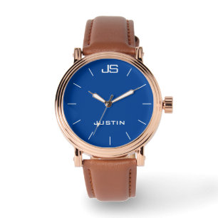 Monogram and Name Rose Gold Men's Brown Band Wrist Watch