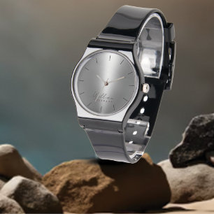 Monogram and Name Silver Metallic Men's Black Band Watch