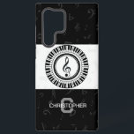Monogram and name treble clef in piano keys samsung galaxy case<br><div class="desc">Contemporary black and white treble clef musical notes surrounded by a circle of piano keys. Background features subtle pale grey musical notes on black and white .Design can be personalized with name and monogram or removed</div>