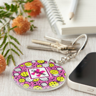 Monogram and name yellow pickleballs on pink keychain