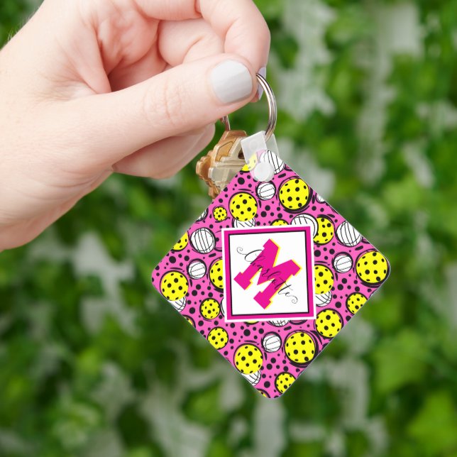 Monogram and name yellow pickleballs on pink keychain (Hand)