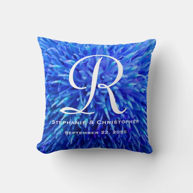 Monogram and Names Blue Abstract Floral Square Throw Pillow (Front)