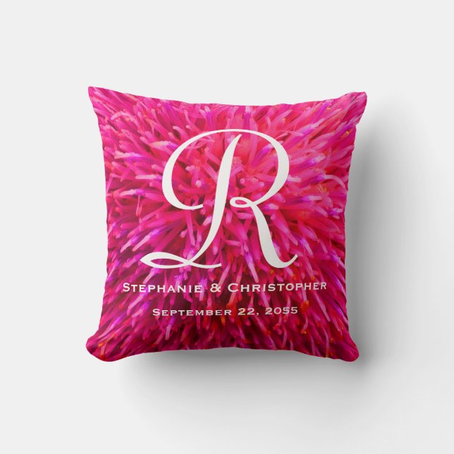Monogram and Names Hot Pink Abstract Floral Square Throw Pillow (Front)
