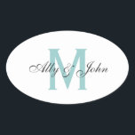 Monogram and names wedding sticker<br><div class="desc">Custom blue and grey monogram letter and names wedding sticker.</div>