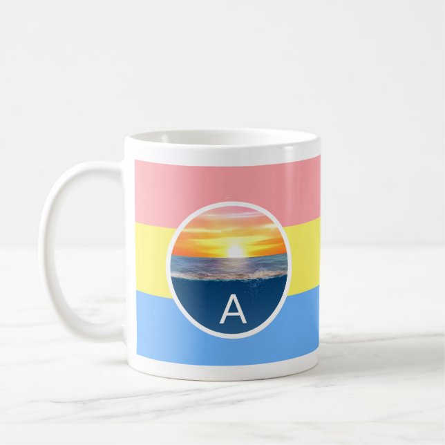 Monogram and Ocean Sunrise on Pastel Colours Coffee Mug (Left)