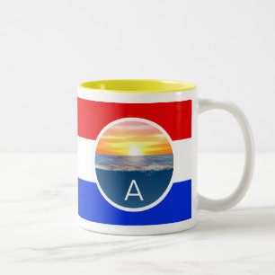 Monogram and Ocean Sunrise with Stripes Two-Tone Coffee Mug