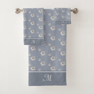 Monogram and Silver Grey Flowers on Steel Blue Bath Towel Set