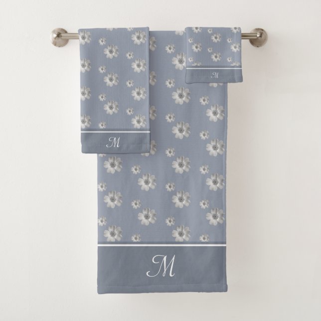 Monogram and Silver Grey Flowers on Steel Blue Bath Towel Set (Insitu)