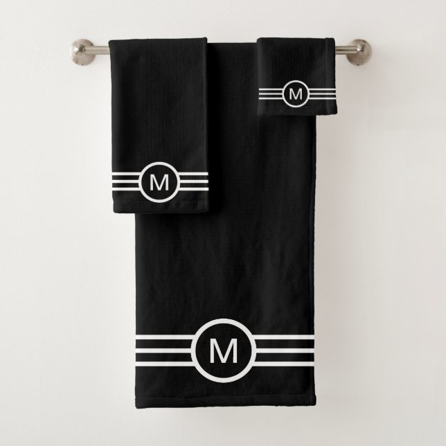 Monogram and White Stripes on Black Bath Towel Set (Insitu)