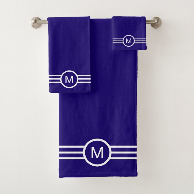 Monogram and White Stripes on Blue Bath Towel Set (Insitu)