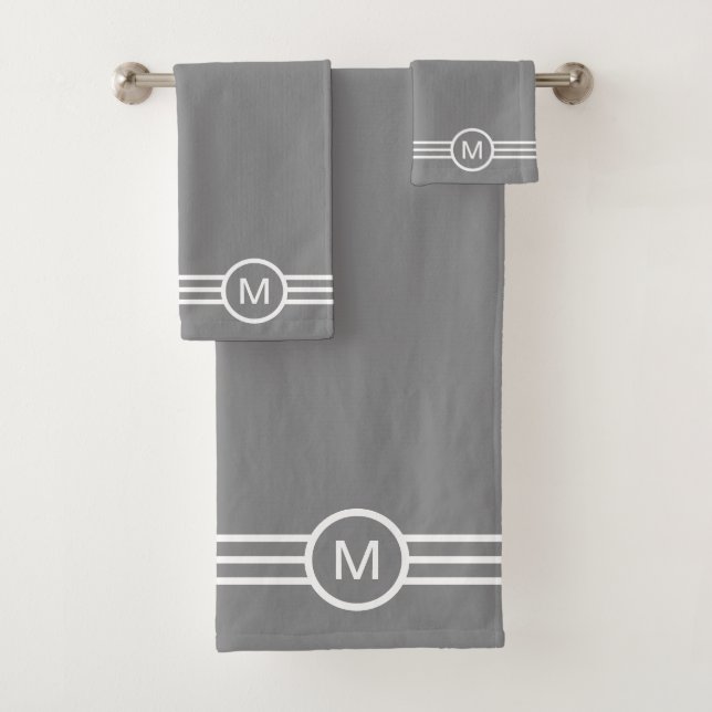 Monogram and White Stripes on Grey Bath Towel Set (Insitu)