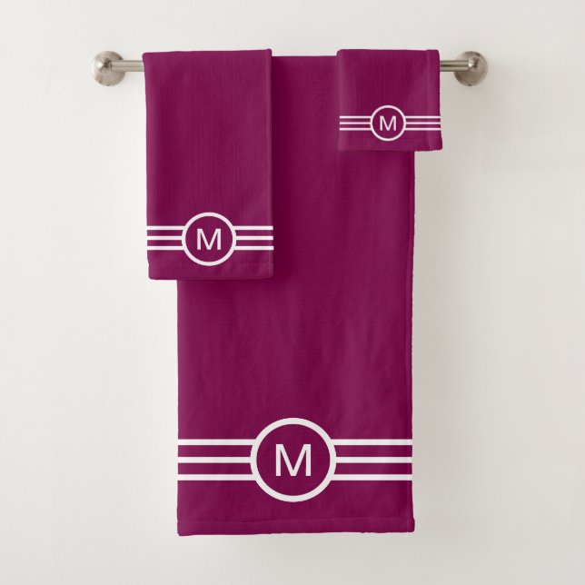 Monogram and White Stripes on Maroon Bath Towel Set (Insitu)