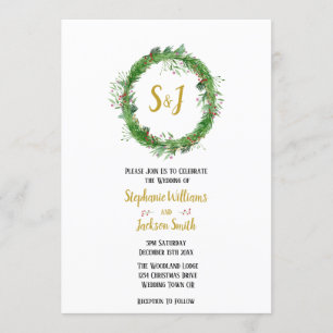 Monogram and Wreath    Winter Greenery Wedding Invitation