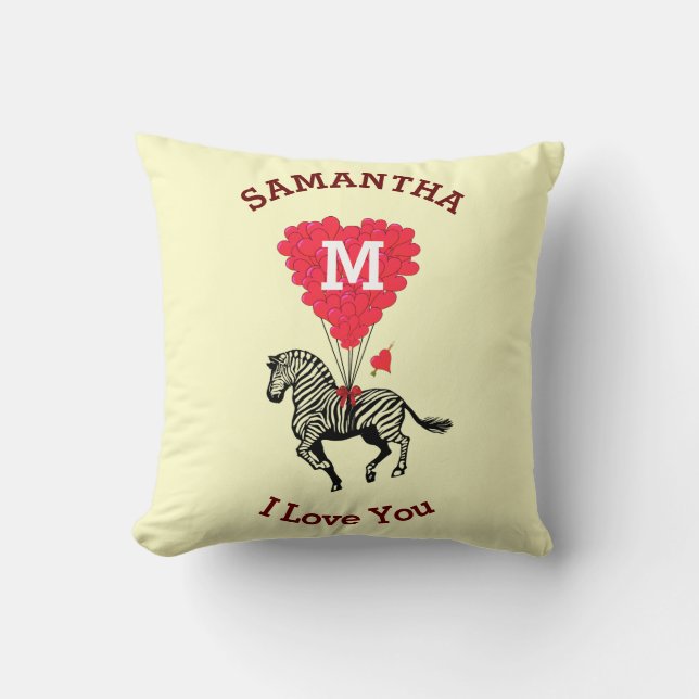 Monogram and zebra red heart personalized throw pillow (Front)