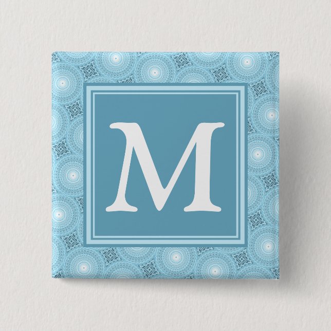 Monogram angel blue circles pattern 2 inch square button (Front)
