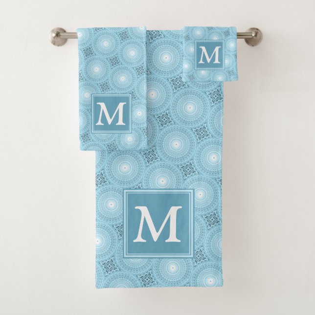 Monogram angel blue circles pattern bath towel set (Insitu)