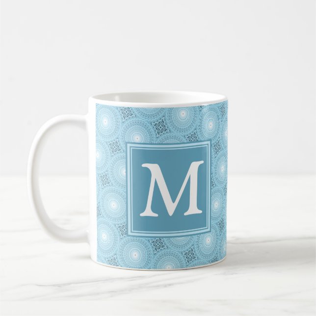 Monogram angel blue circles pattern coffee mug (Left)