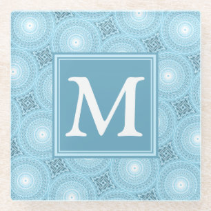 Monogram angel blue circles pattern glass coaster