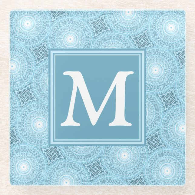 Monogram angel blue circles pattern glass coaster (Front)