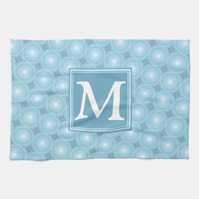 Monogram angel blue circles pattern kitchen towel (Horizontal)