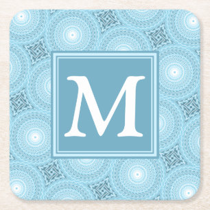 Monogram angel blue circles pattern square paper coaster