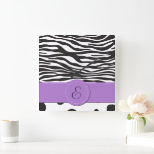 Monogram - Animal Print, Cow, Zebra - Black White Square Wall Clock