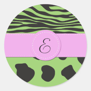 Monogram - Animal Print, Cow, Zebra - Green Black Classic Round Sticker