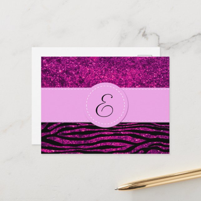 Monogram - Animal Print, Zebra, Glitter - Pink Postcard (Front/Back In Situ)