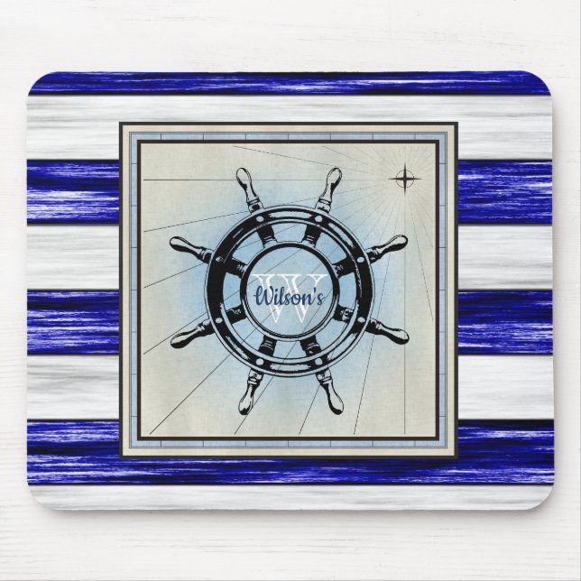 Monogram antique nautical ships wheel design, mouse pad (Front)