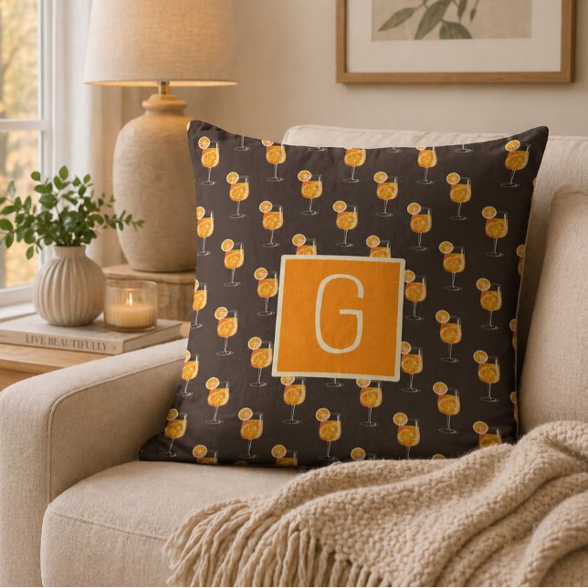 Monogram Aperol Spritz Cocktail Throw Pillow (Creator Uploaded)