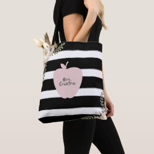 Monogram Apple Name Dusty Floral Black & White Tote Bag
