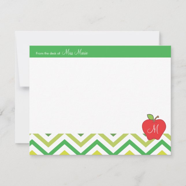Monogram Apple Teachers Flat Note Card (Front)