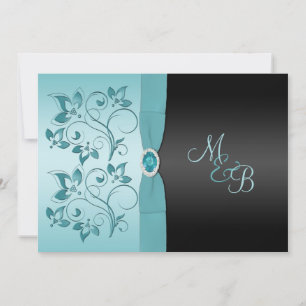Monogram Aqua, Black Floral Wedding Invitation