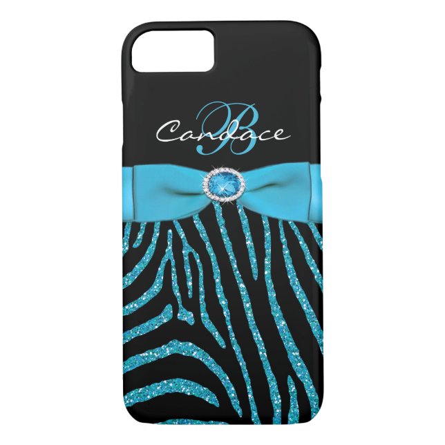 Monogram Aqua, Black Glitter Zebra iPhone 7 Case (Back)