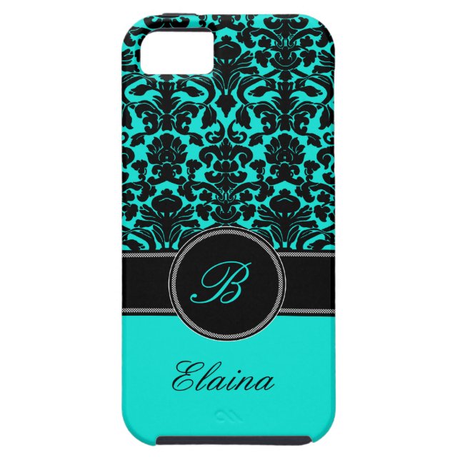 Monogram Aqua, Black, White Damask iPhone 5 Case (Back)