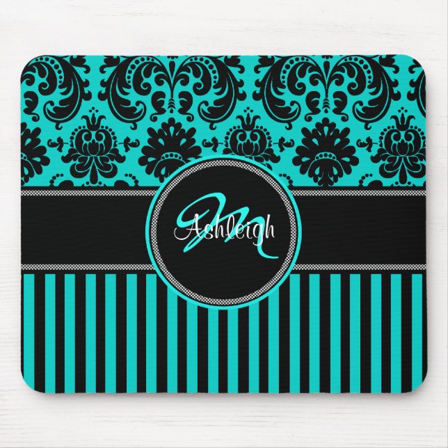 Monogram Aqua Black White Stripe Damask Mousepad (Front)