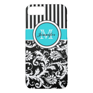Monogram Aqua Black White Striped Damask iPhone 7 Case-Mate iPhone Case