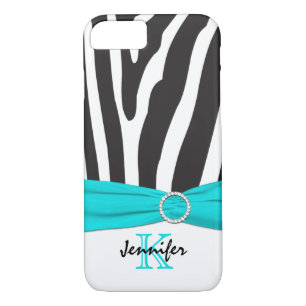 Monogram Aqua, Black, White Zebra Striped iPhone 7 Case-Mate iPhone Case