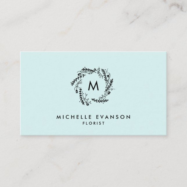 Monogram Aqua Blue and Black Floral Wreath Business Card (Front)