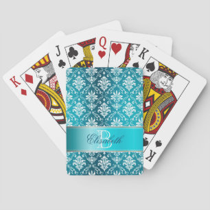 Monogram Aqua Blue and White Damask Playing Cards