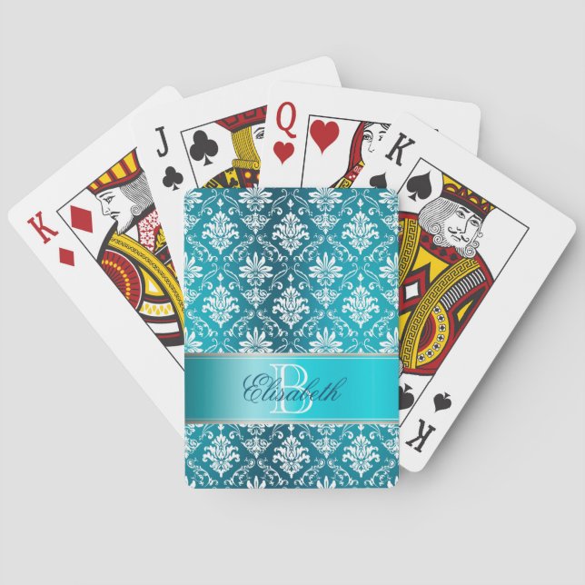 Monogram Aqua Blue and White Damask Playing Cards (Back)