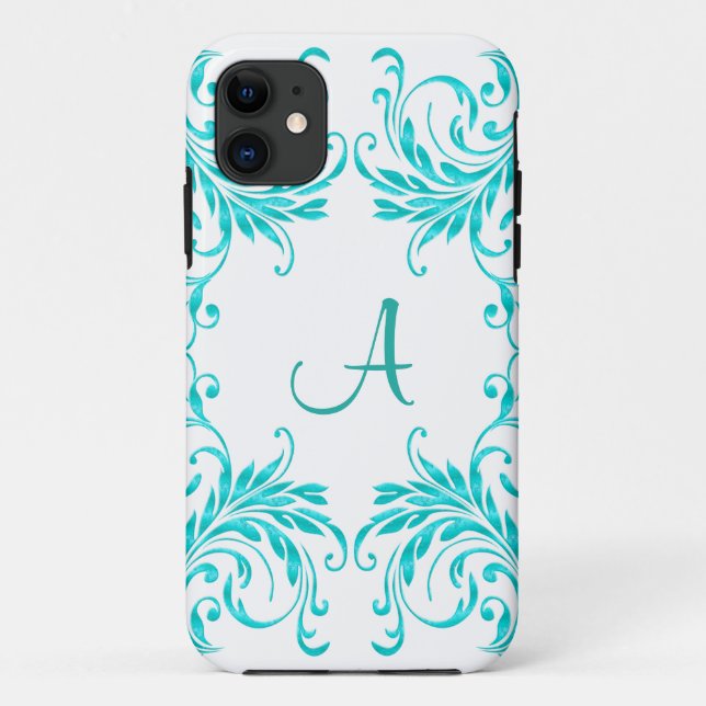 Monogram Aqua Blue Damask Case-Mate iPhone Case (Back)