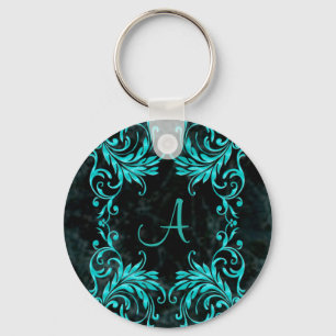 Monogram Aqua Blue Damask Keychain